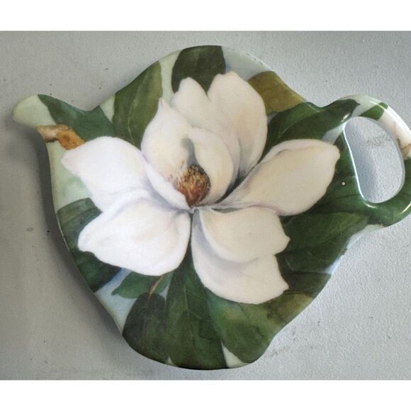 Melamine Tea Bag Holder Teapot Tea Pot Shape Magnolia White Flower Made In Italy - Picture 1 of 4